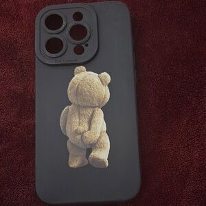 Black iPhone 15 pro phone Case with Teddy Bear Design